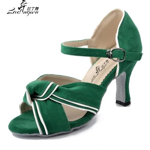 Ladingwu Green Flannel Womens Sandals Ballroom Party Performance Salsa Latin Dance Shoes Heel 6cm/7.5cm/8.3cm Numbering 7127