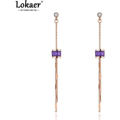 Lokaer Trendy Titanium Stainless Steel Purple Cubic Zirconia Tassel Earrings For Women Dangle Earring Jewelry Kolczyki E21043