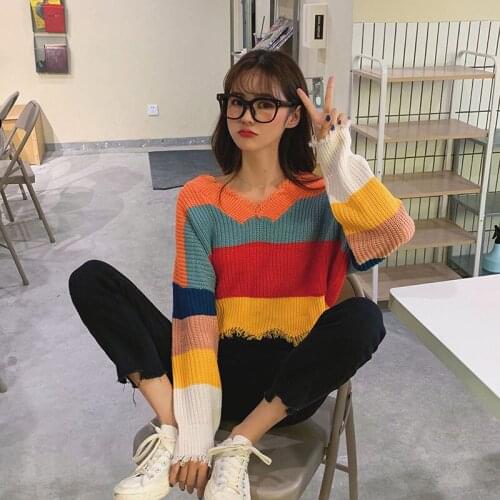 2021Autumn And WinterKnitted Pullover Women Korean Short Sweater Long sleeve V neckRainbow stripesShort top Loose coat trend