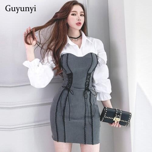Elegant Office Lady Dress 2021 Summer Simple Turn Down Collar Wrist Puff Sleeve Fashion High Waist Tight Mini Dress Women