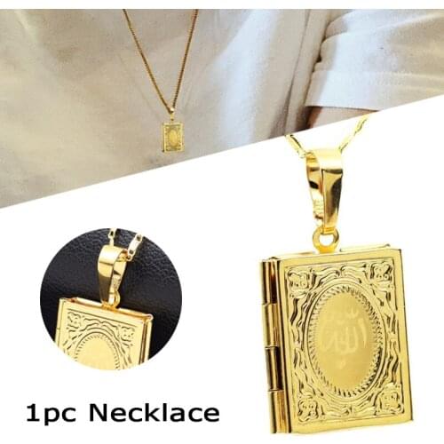Gold Color Islam Allah Muslim Necklace Photo Locket Box Necklace Religion Islamic Jewelry Quran Book Openable Pendant