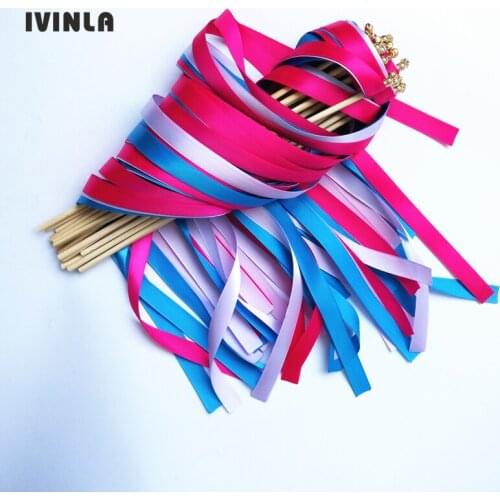 50pcs/lot fushia pink blue ribbon wands with gold bell for wedding decoration