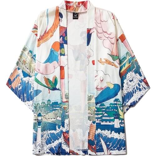 Haori Obi Blouse Beach Print Kimono Loose Fashion Hawaii Asian Clothing Yukata Japanese Style Women Men Cardigan Shirt Summer