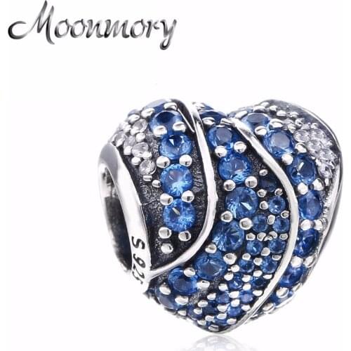 Moonmory 2020 Spring Blue Aqua Heart Charm Bead For Bracelet 925 Sterling Silver Pave Stone Beads DIY Jewelry Silver 925 Jewelry