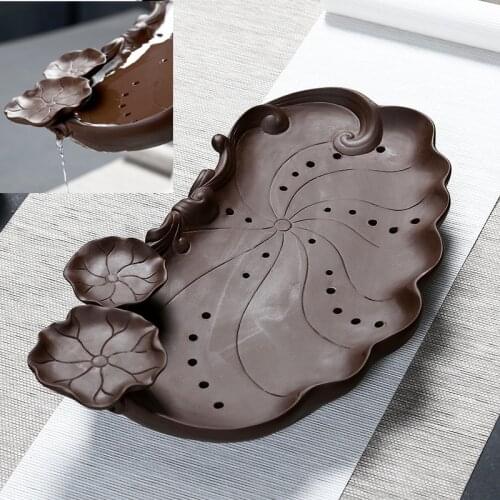 Yixing zisha tea plate reservoir tea tray Chinese purple clay holder for tea pot cup lotus design creative tea boat L38cm W23cm