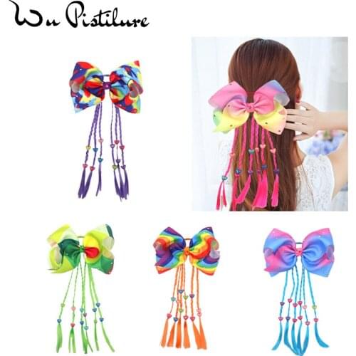 Colored Hair Bows Rubber Band With Tails Tassel For Kids Girls Long Braid Bows Elastic Rubber Band Hair Band Hair Accessories