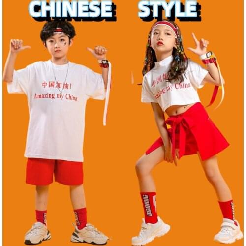 Kids Hip Hop Jazz Dance Costumes Girls Clothing Ballroom Dance Wear Chinese Style Short Sleeve Top Red Shorts Skirt XS1774