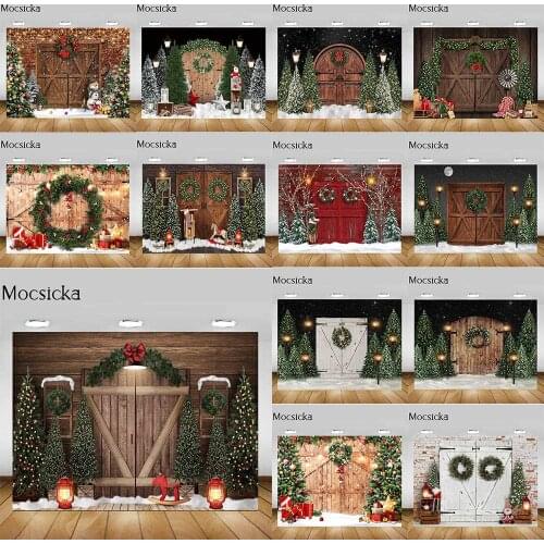 Mocsicka Wood Door Snow Christmas Photography Backdrops Winter Xmas Tree Garland Photo Background Kids Portrait Photoshoot Props