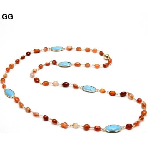 GG Jewelry Natural Stone Red Carnelian Agates Nugget Rosary Chain Blue Crystal Bezel Set Statetion Necklace 28" For Women