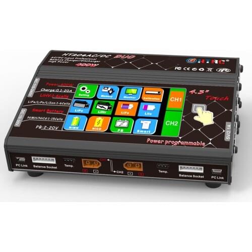 HT206AC/DC RC Balance Charger 4.3"Color Touch Scree 200W*2 20A*2 Dual Port RC Lilon/LiPo/LiFe/LiHV Battery Charger