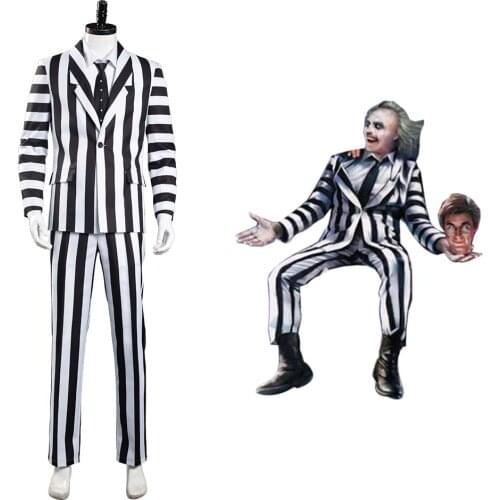 Anime Beetlejuice Adam Cosplay Costume Adult Men Black and White Striped Suit Jacket Shirt Pants