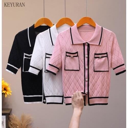 Summer New lightweight Knitted T-shirt Womens Fashion Lapel Short-Sleeved Cardigan Pocket Design Pink Short Knitwear Tops Coat