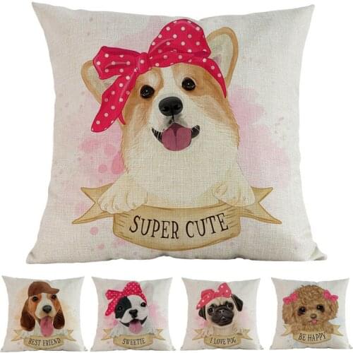Cute Small Dog Puppy Bow Girl Male Beagle Corgi Pug Bulldog Poodle Pillow Case Home Pet Shop Sofa Car Decorative Cushion Cover