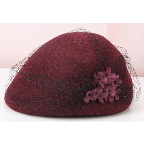 Girls Fashion Veil British Retro Hat Flower Yarn Lace Woolen Duck Tongue Beret Stewardess Woman Hat Winter Fedoras Hats B-8902