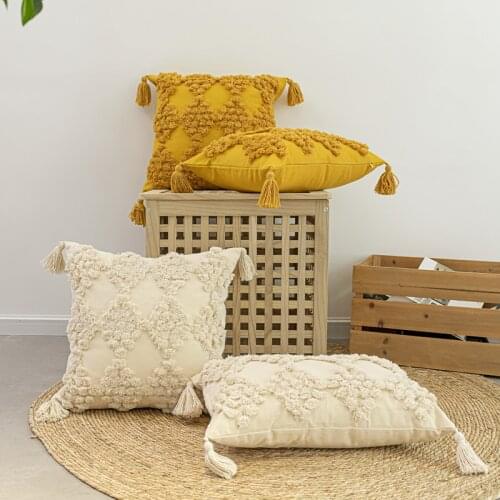 Moroccan Style Cushion Cover Mustard Yellow Beige Pillow Cover Tassels Home Decoration Handmade 45x45cm/30x50cm For Sofa Bed