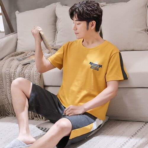 Casual Men Pajamas Set Summer Cotton Short-sleeved Plus Size Homewear Fashion Simplicity O-Neck Yellow Patchwork Mens Sleepwear