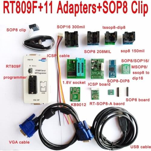 Original RT809F programmer +11 Adapters + SOP8 clip clamp + 1.8V /TSSOP8 SOCKET VGA LCD programmer ICSP board 24 25 93 serise IC