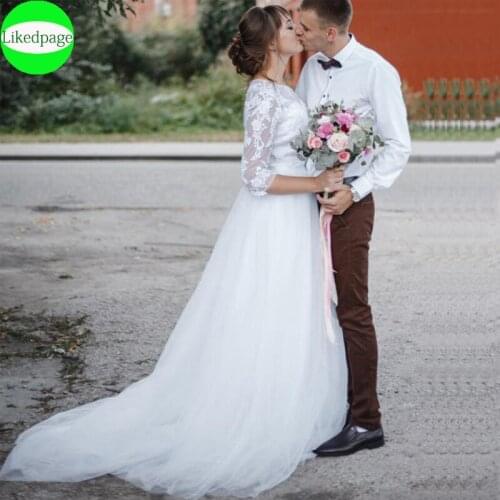 Wedding Dress Boho Vestidos De Novia 3/4 Sleeves Lace Appliques White Tulle A Line Boda Bride Gown 2021 Robe Mariage Trouwjurk