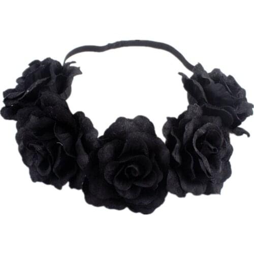 Brides Holiday Beach Party Headdress Flannel Rose Flower Crown Festival Headband Garland Black Wedding Floral Headpiece Wreath