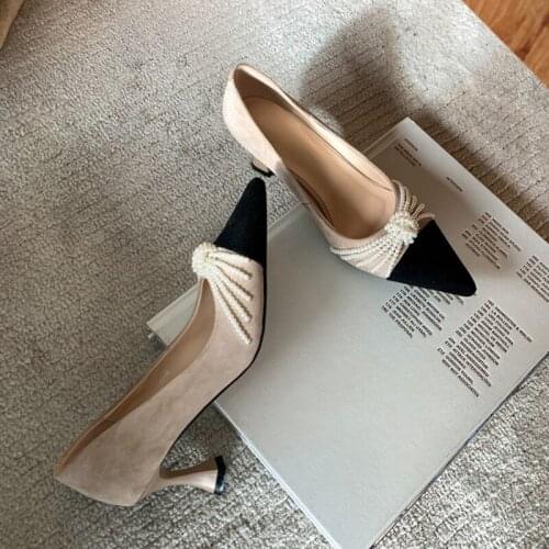 Luxury Brand Designer High Heels Women Shoes Soft Comfortable Kid Sheep Suede Pumps Woman Mix-color Pearls Wedding Party Shoe 43