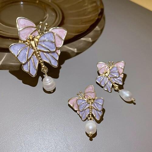 U-Magical Exaggerated Purple Pink Butterfly Metallic Dangle Earring for Women Baroque Imitation Pearl Tassel Earring Jewelry
