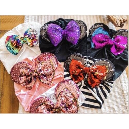 Spring / summer infant Beanie Turban Hat Baby Ears Hairband With Sequin Hair Bows Photography Props cap