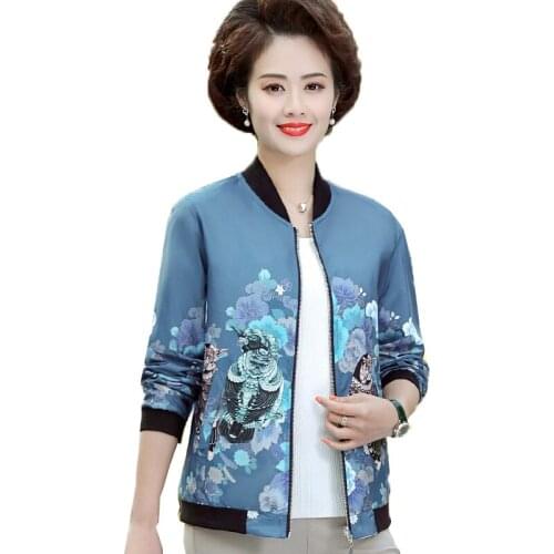 High-end Womens Jacket Spring Autumn Printed Jackets Women Stand Collar Zipper Large Size Casual Coat Female Tops Mother Dress