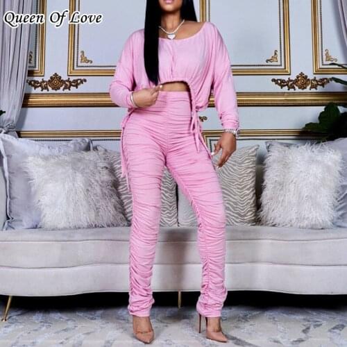 Casual Two Piece Set Women Drawstring Crop Top High Waist Ruched Pants Fall 2020 Women Clothing Fashion Solid Leggings Sweatsuit