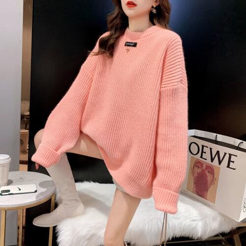 Autumn Korean Female Knitted Pullover Tops Pink Yellow Beige Black Loose Casual Women Long Sleeve Knitwear Sweater Women Jumper