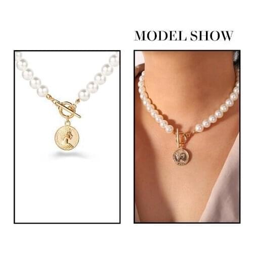 50709 new artificial pearl Coin Pendant Necklace creative simple clavicle chain