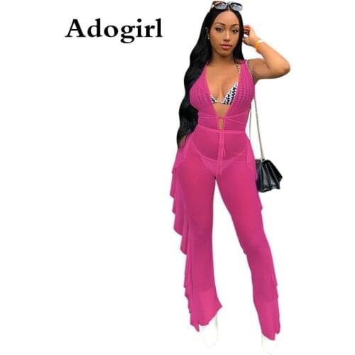 Adogirl Mesh See Though Lace Up Ruffles Splicing Empire Waist Jumpsuits Sexy Clubwear Woman Deep V Neck Rompers Overalls