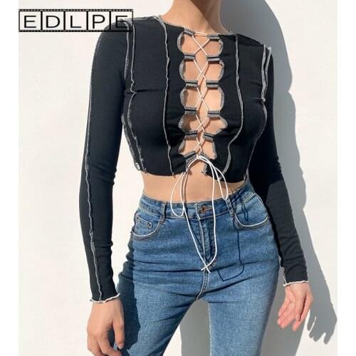 Bandage Hollow Out Long Sleeve T-shirt for Women Sexy Y2k Kawaii Corset Top Fairy Grunge Emo Harajuku Alternative Clothing