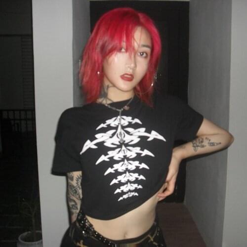 Aesthetic Goth Skeleton Print Punk Goth Crop Tops Women Streetwear Clubwear Y2K Grunge Graphic Vintage 90s Harajuku slim T-Shirt