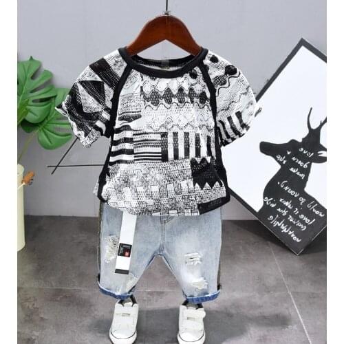 New Summer Boys Clothing Sets Children Clothing boy Cutout Breathable Short Sleeve T-Shirt + shorts jeans 2pcs Suit 2-6year