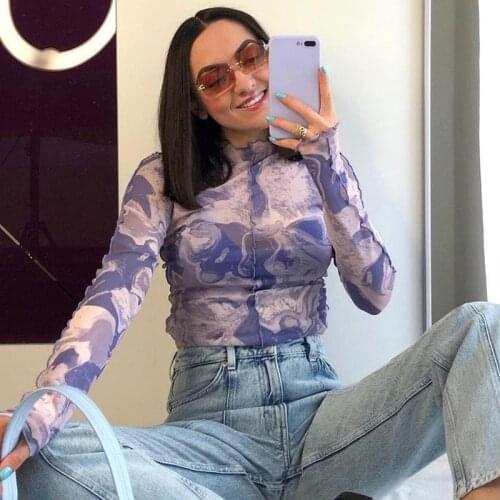 Gothic Black Pachtwork Mesh Sheer T-shirt E-girl Graphic 90s Vintage Women Long Sleeve Slim Fit Crop Top Harajuku Streetwear