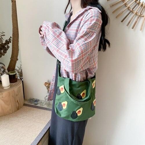 INS New Fashion Handbag For Teen Girls Small Fresh Avocado Printed Student Canvas Shoulder Bag Green Casual Crossbody Cloth Bag