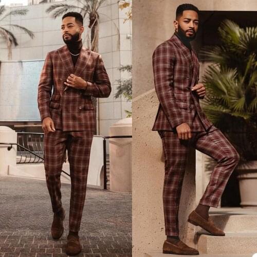 Classic Vintage Plaid Men Tuxedos Peaked Lapel Double Breasted Check Blazer Slim Fit Business Party Prom Suits 2 Pieces