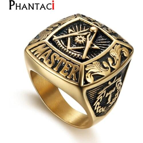 Big Stainless Steel Rings For Men Mason Freemasonry Retro Mens Ring Masonic Vintange Mens Rings Hiphop Anillos Bague