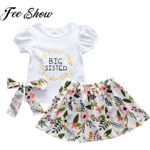 Summer Girls Clothes Set Short Sleeve Big Sister Printed T-shirt+Floral Skirts for Kids Girl Children Clothing 1 2 3 5 Years