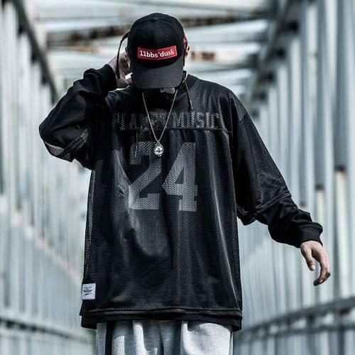 Mens clothes Harajuku High Street Embroidery Hip hop Casual Pullover Fake two Crew neck Long sleeve T-shirt Sweatshirt tops