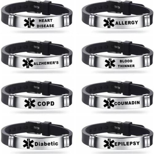 Mens Alert ID Silicone Bracelet ICE Bangles Wristband Adjustable Length For Men Women Child Jewelry Type 1 Diabetes