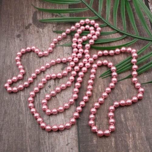 Lovely Pink Long Necklace Simulated Pearl Shell Beads Strand Chain Necklaces Round Glass Pearls Statement Women Jewelry 56" A970
