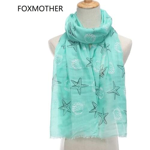 FOXMOTHER New Fashion Shawl Wrap Mint Yellow Color Starfish Shell Print Scarfs For Women Foulard Echarpe 2021