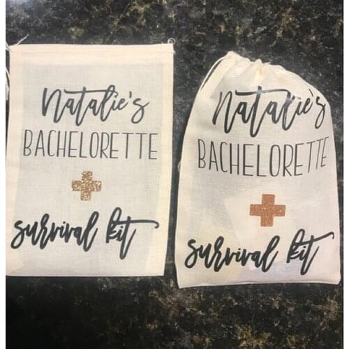 Custom 10pcs cross Bachelorette party survival kits, muslin bags, wedding muslin bag, hangovers kit, bridal party favor bags
