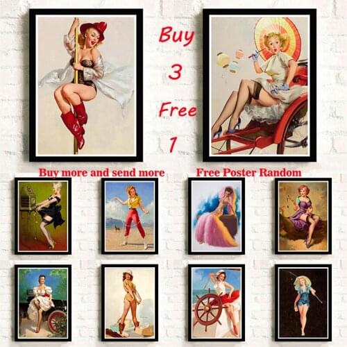 Pin Up Girl Kraftpaper Poster OldSchool World War II Sexy Beauty Painting Abstract Wall Sticker for Coffee House Bar Frameless