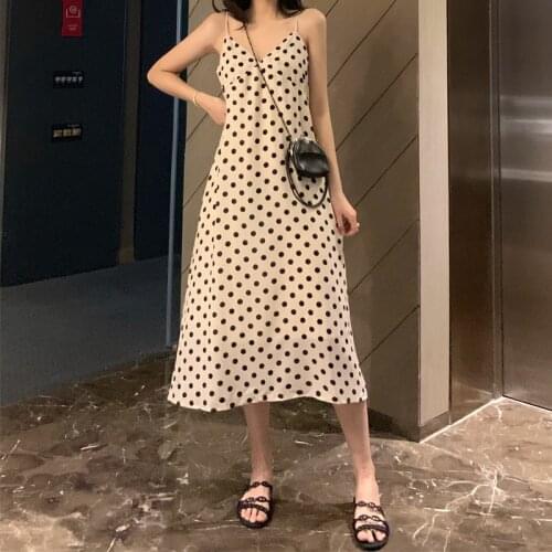 Sexy Womens Sling Long Dress Sleeveless V-neck Sling Polka Dot Maxi Oversized Dresses