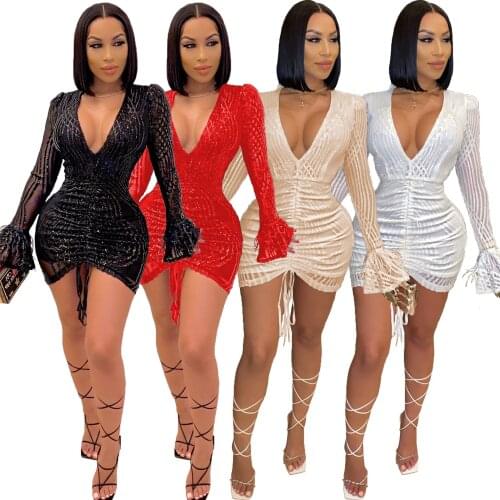 VAZN New Bandage Bodycon Special V-neck Night Party Elegant Fashion Chic Ladies Slim Dress 2020 Full Sleeve Lady Mini Dress