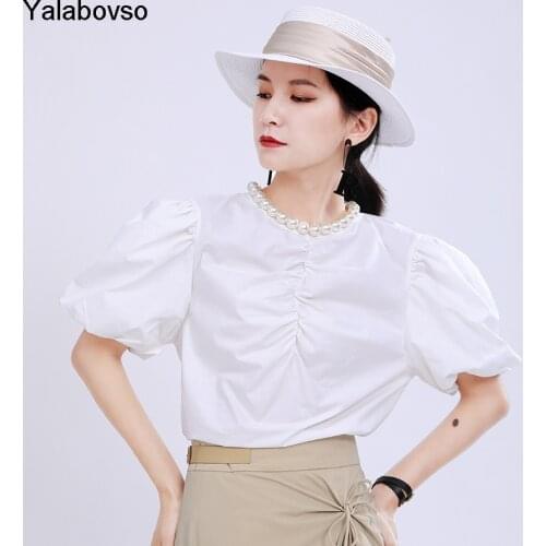Short T Shirts Female White Color New Heavy Pearl Pleated Solid Color Short Bubble Sleeve Top Lantern Sleeve T-Shirt For Woman
