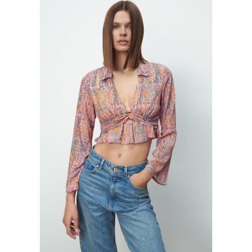 Za Vintage Floral Print buckle decorative shirt 2021 summer long sleeve womens short top chic polo collar blouse