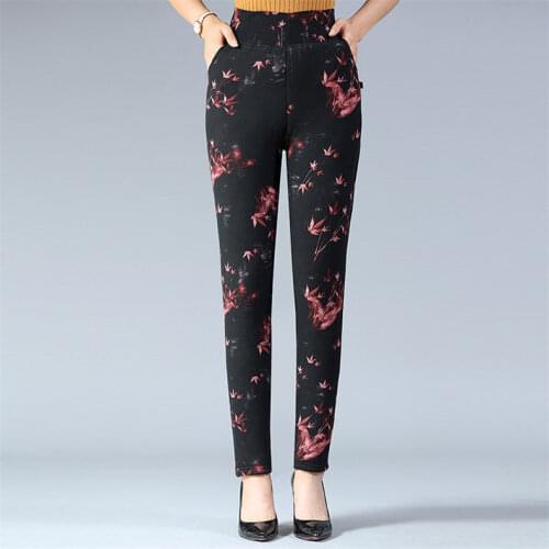 Women 2021 Winter Fashion Plus Velvet Leggings Female Plus-size Print Flower Warm Pants Ladies Thickening Slim Pencil Pants A340